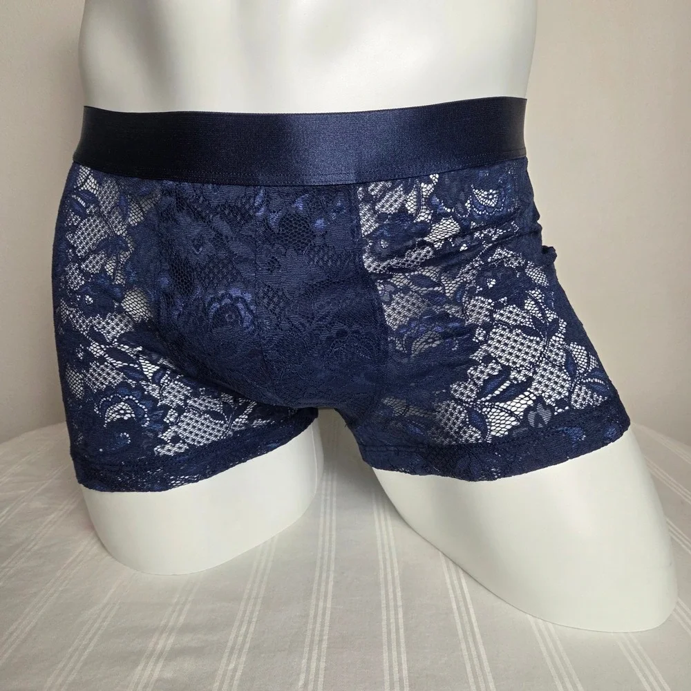 Cosabella Never Say Never Mens Lace Boxer Briefs Navy Blue Sheer Underwear